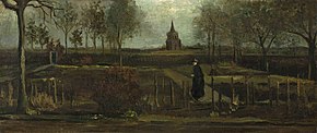 Photographie du tableau Le Jardin du presbytère de Nuenen au printemps. Il représente une vue du jardin avec un personnage féminin vêtu de noir, au premier plan. Au loin se trouvent les ruines d'une ancienne église. Van Gogh a utilisé une palette sombre de verts et de bruns.