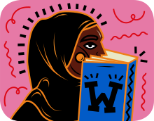 A person wearing a hijab reading a book with a W on the cover