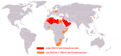 Státy s nejmenšími zásobami obnovitelné sladké vody v m3 na obyvatele za rok.červeně: pod 500 m3 na obyvatele za rokoranžově: 500-1500 m3 na obyvatele za rok.