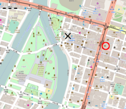 黑色叉號為原爆點，紅色區域則為舊住友銀行(現三井住友銀行)的位置
