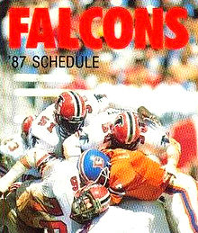 The Falcons' defense taking on Denver Broncos quarterback John Elway during a 1985 game. 1987 Atlanta Falcons Pocket Schedule.jpg