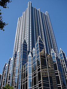 PPG Place in Pittsburgh, US, by Philip Johnson and John Burgee, an iconic example of Postmodern architecture, that blends the simplicity and materials of Modern architecture with shapes and volumes taken from Gothic architecture, inspired, among other buildings, by the Victoria Tower in London 2008-05-24 Pittsburgh 030 PPG Building (2669504940).jpg