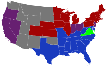 Senators' party membership by state at the opening of the 48th Congress in March 1883.
2 Democrats
1 Democrat and 1 Republican
2 Republicans
2 Readjusters
Territories 48th United States Congress Senators.svg