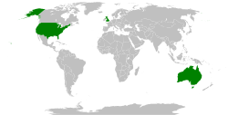 A world map, depicting Australia, the United Kingdom, and the United States in green; all remaining countries are in grey