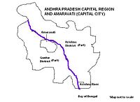 Map showing Andhra Pradesh Capital Region spread across Guntur and Krishna districts with the city of Amaravati on the banks of River Krishna
