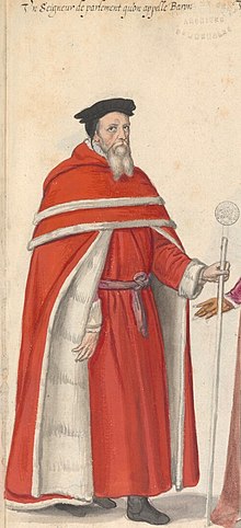 A lord of Parliament, also called a baron, illustrated in the manuscript "Theatre de tous les peuples et nations de la terre avec leurs habits et ornemens divers, tant anciens que modernes, diligemment depeints au naturel". Painted by Lucas d'Heere in the second half of the 16th century. Preserved in the Ghent University Library. Archive-ugent-be-79D46426-CC9D-11E3-B56B-4FBAD43445F2 DS-0 (cropped).jpg