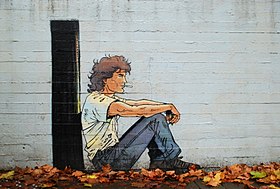 Peinture murale Largo Winch sur la place des Sciences de Louvain-la-Neuve.