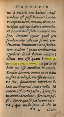 The Praefatio (Preface) of De Cive where the phrase bellum omnium contra omnes
appears for the first time. Taken from the revised edition printed in 1647 at Amsterdam (apud L. Elzevirium). Bellum omnium contra omnes.png