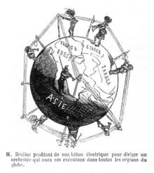 Caricatura que amosa varios Berlioz Berlioz arredor do globo terrestre, ligados entre eles por fíos telegráficos