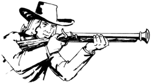 English: A man holding a blunderbuss.