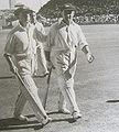 Sir Donald Bradman & Sid Barnes (Aus) en route to their twin innings of 234 at the SCG, 1946.
