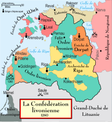 Carte politique de la Confédération de Livonie, avec différentes couleurs pour les différentes villes et alentours.