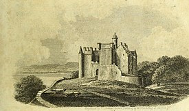 Dunrobin Castle as it appeared in about 1813, before later improvements. The first authentic record of the castle is dated 1401 during the time of Robert Sutherland, 6th Earl of Sutherland Dunrobin Castle c.1813.jpg