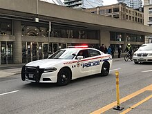 A Durham Regional Police car participates in the Law Enforcement Torch Run for the Ontario Special Olympics in 2019. Durham 19-901.jpg