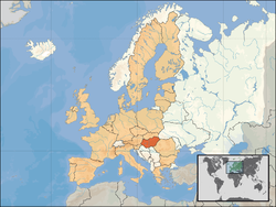 Location of  ഹംഗറി  (orange) – on the European continent  (camel & white) – in the European Union  (camel)                  [Legend]