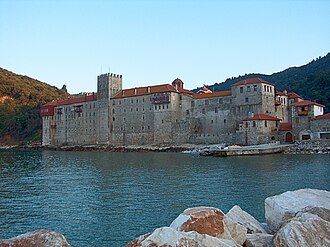 View of Esphigmenou monastery façade from the nearby quay.