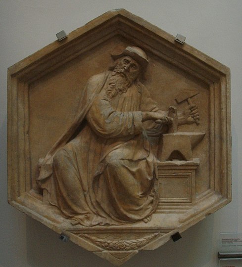 Pythagoras oder Tubal mit zwei Hämmern auf einen Amboss schlagend und lauschend. Die Darstellung gilt auch als eine Allegorie der Astrologie oder Harmonie. Das sechseckige Marmorrelief Nummer 19 des florentinischen Renaissance-Bildhauers  Luca della Robbia (* um 1400; † 1481) befindet sich seit der Zeit um 1438 an der Nordseite des Glockenturms des Giotto di Bondone in Florenz.