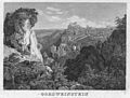 Blick von Nordwesten über das Wiesenttal auf Gößweinstein, Stahlstich (1834) von Conrad Wießner