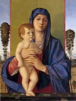 La Vierge et l'Enfant - La Madone aux deux arbres. 1487. Huile sur bois, 74 × 58 cm. Gallerie dell' Accademia, Venise