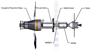 2012 concept for the Deep Space Habitat, consisting of a cryogenic propulsion stage, an ISS-derived habitat module, and a MPLM ISS-Derived Deep Space Habitat with CPS.jpg