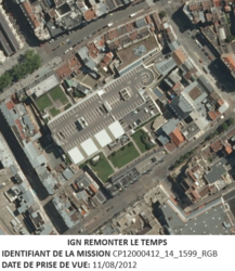 L'ilot des Tanneurs sur photo aérienne de 2012. Une grande partie de l’ilot est occupé par le centre commercial des Tanneurs avec un toit-parking