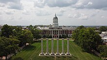 Francis Quadrangle features the columns and Jesse Hall. Jesse Hall Aerial.jpg