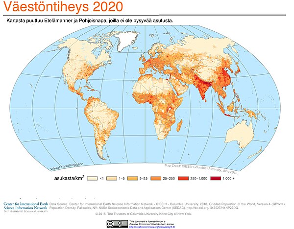 Kuva 2: Maailman väestöntiheys v. 2020