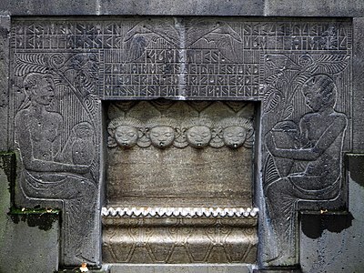 Sockel der Brunnengruppe mit Inschrift: DES MENSCHEN SEELE GLEICHT DEM WASSER VOM HIMMEL KOMMT ES ZUM HIMMEL GEHT ES UND NIEDER ZUR ERDE MUSS ES EWIG WECHSELND