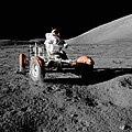Image 14 Lunar rover Photo cr: Harrison Schmitt Astronaut Eugene Cernan makes a short test drive of the lunar rover (officially, Lunar Roving Vehicle or LRV) during the early part of the first Apollo 17 extravehicular activity. The LRV was only used in the last three Apollo missions, but it performed without any major problems and allowed the astronauts to cover far more ground than in previous missions. All three LRVs were abandoned on the Moon. More selected pictures