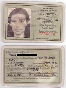 A 1949 "alien registration receipt card" of a female immigrant, which was issued by the now-abolished Immigration and Naturalization Service (INS) under the Nationality Act of 1940 OriginalGreenCard.jpg