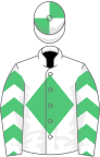 White, emerald green diamond, emerald green chevrons on sleeves, quartered cap