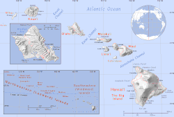 Mapa de Hawái que muestra Laysan en el cuadro inferior izquierdo