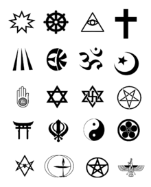 1st row: Baha'i Faith, Buddhism, Cao Dai, Christianity
2nd row: Druidism, Eckankar, Hinduism, Islam
3rd row: Jainism, Judaism, Raelism, Satanism
4th row: Shinto, Sikhism, Taoism, Tenrikyo
5th row: Thelema, Unitarian Universalism, Wicca, Zoroastrianism Religions 4x5.png