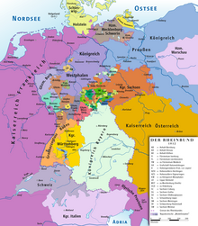 The Confederation of the Rhine, a union of client states of the First French Empire (1806 to 1813) Rheinbund 1812, political map.png