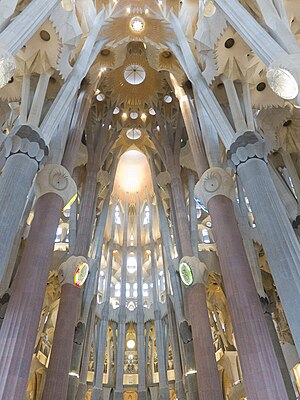 English: Sagrada Familia interior view, lookin...