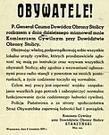 Proklamacja Stefana Starzyńskiego jako Komisarza Cywilnego przy Dowództwie Obrony Warszawy 8 września 1939