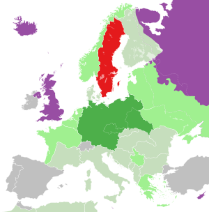 Sweden's location in Europe (1942)
.mw-parser-output .legend{page-break-inside:avoid;break-inside:avoid-column}.mw-parser-output .legend-color{display:inline-block;min-width:1.25em;height:1.25em;line-height:1.25;margin:1px 0;text-align:center;border:1px solid black;background-color:transparent;color:black}.mw-parser-output .legend-text{}
Sweden
German Reich
Areas under German occupation
German allies, co-belligerents and puppet states
Allies and territories occupied by the allies
Other neutral territories Sweden locator map 1942.svg