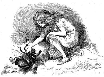 jeune fille penchée pour aider un scarabée de la taille de son bras. Il est retourné sur le dos et porte des chaussures