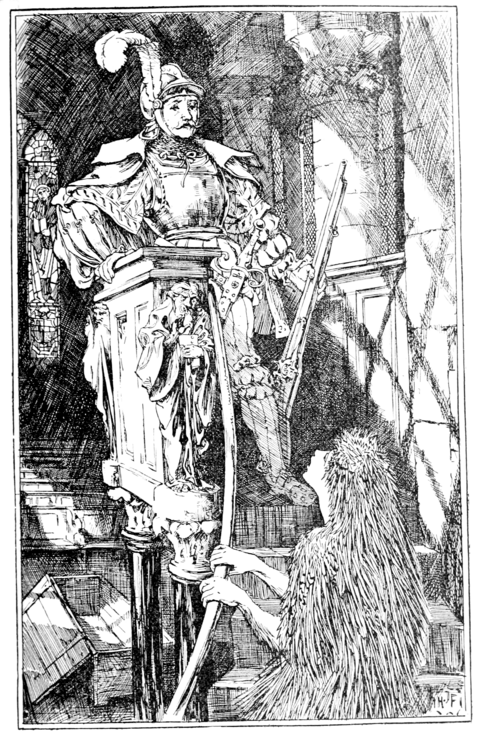 black and white full page illustration of a man in a fancy suit of armor standing at a church pulpit at the top of a small curved set of stairs looking very worriedly at a girl who is griping the railing and looking up at him as if keening at him. The man in the armor has a mustache and a large feather in his helmet and is holding a musket loosely in his hand, the girl has either shaggy hair or a cloak with a similar effect which falls over her shoulders. There is a plain wooden chest with the dimensions of a coffin visible behind them.