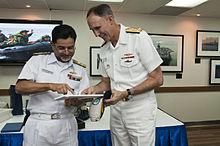US Navy 110407-N-XXXXX-036 Indian navy Rear Adm. HCS Bisht, flag officer of Commanding Eastern Fleet, presents a gift to Vice Adm. Scott R. Van Bu.jpg