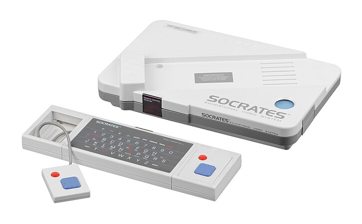 The VTech Socrates with keyboard and controllers.