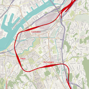 Vastlanken train tunnel in Gothenburg Sweden map based on OpenStreetMaps.png