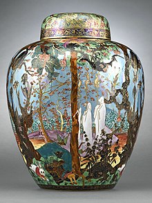 Wedgwood "Fairyland Lustre": "Ghostly Wood" pattern, covered Malfrey Pot, Designed by Daisy Makeig-Jones, c. 1920 Wedgwood-Ghostly-Wood-Rau (cropped).jpg