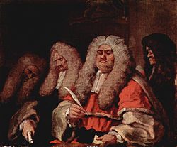 Satire des institutions : le magistrat anglais - peinture de style rococo, de William Hogarth. Angleterre, années 1750