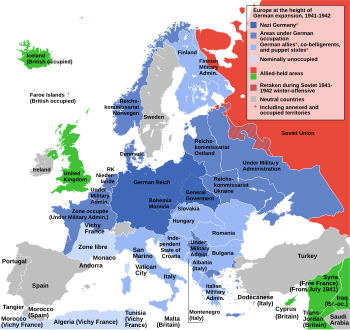 The New Order in Europe: German and other Axis conquests in Europe during World War II. World War II in Europe, 1942.svg