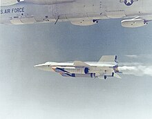 X-15A-2, with sealed ablative coating, external fuel tanks, and ramjet dummy test X-15A2 NB-52B 3.jpg