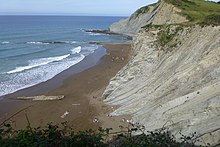 Океан слева, приливы, небольшой песчаный пляж перед высокими белыми скалами с травой на вершине.