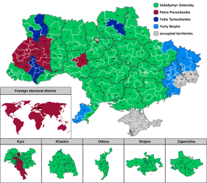 Results of the first round by electoral district:
.mw-parser-output .refbegin{font-size:90%;margin-bottom:0.5em}.mw-parser-output .refbegin-hanging-indents>ul{margin-left:0}.mw-parser-output .refbegin-hanging-indents>ul>li{margin-left:0;padding-left:3.2em;text-indent:-3.2em}.mw-parser-output .refbegin-hanging-indents ul,.mw-parser-output .refbegin-hanging-indents ul li{list-style:none}@media(max-width:720px){.mw-parser-output .refbegin-hanging-indents>ul>li{padding-left:1.6em;text-indent:-1.6em}}.mw-parser-output .refbegin-columns{margin-top:0.3em}.mw-parser-output .refbegin-columns ul{margin-top:0}.mw-parser-output .refbegin-columns li{page-break-inside:avoid;break-inside:avoid-column}
 Volodymyr Zelenskyy
 Petro Poroshenko
 Yulia Tymoshenko
 Yuriy Boyko
 Election was not held due to the War in Donbass or annexation by Russia Rezul'tati Viboriv Prezidenta Ukrayini 2019 za okrugami (pershii tur).svg