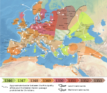 Spread of the Black Death through Europe 1346-1353 1346-1353 spread of the Black Death in Europe map.svg