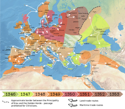 The spread of the Black Death in Europe and the Near East (1346–1353)
